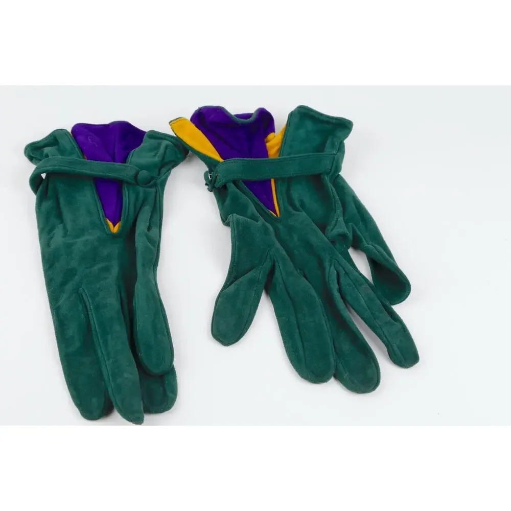 Vintage Emerald Green Suede Leather Colorblock Fan Ruffle Gloves Size 7.5